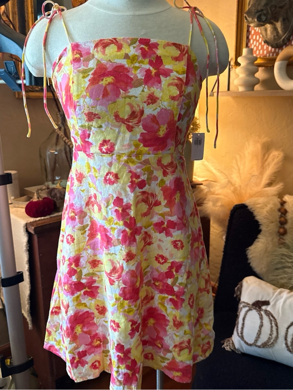 NWT Old Navy Floral Linen Blend Tie-Shoulder Minidress in Pink and Yellow-Small
